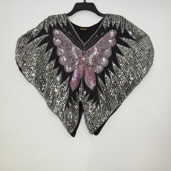 100% PURE SILK Vintage 70s 80s Sequins Butterfly Blouse M/L Medium/Large OSFM - Picture 1 of 7